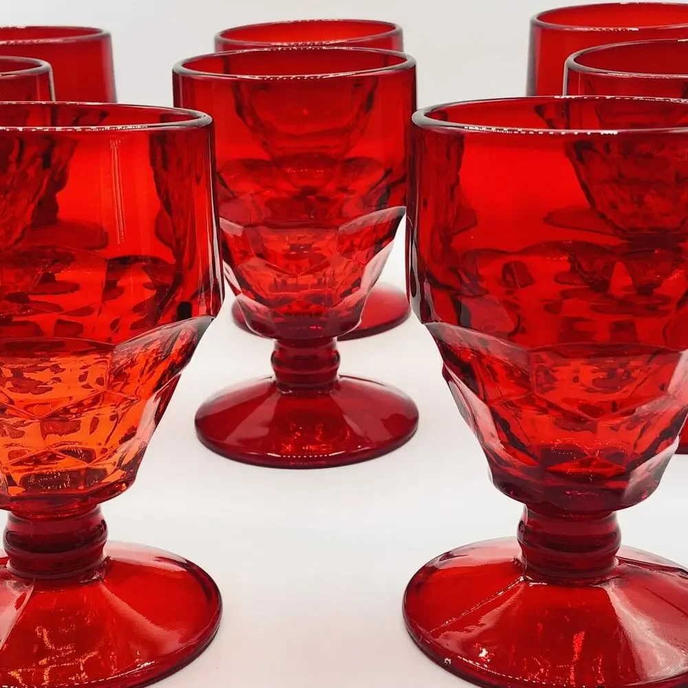 8 Vtg Ruby Red Octagonal Glass Goblets MCM Diamond Geometric Glasses 5